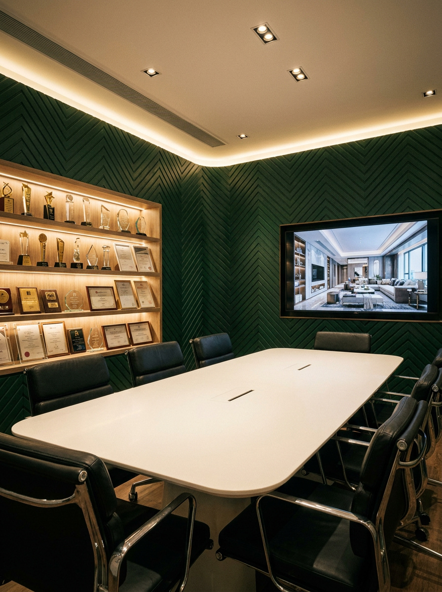 Artwill 灣仔工場會議室，配白色長枱、Eames 椅、橄欖綠人字紋牆，獎座展示牆連屏幕