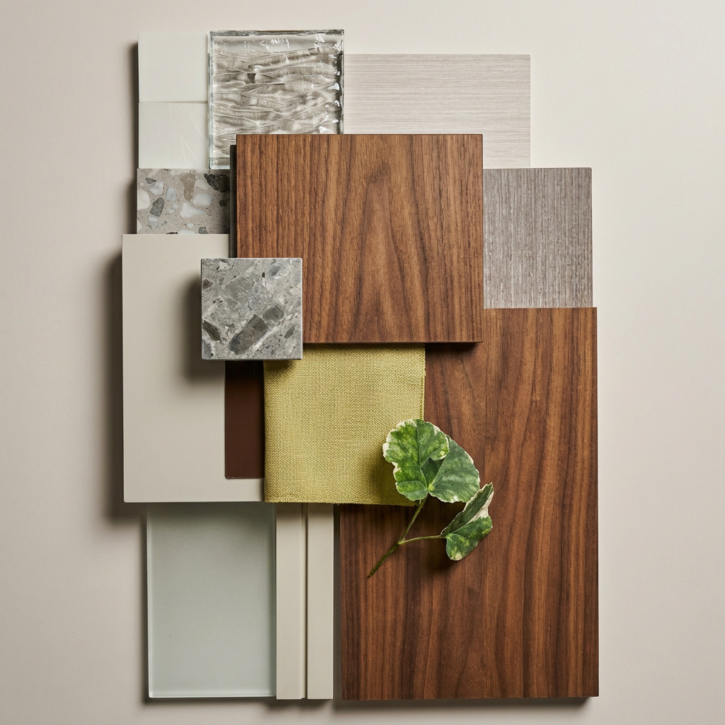 Artwill 物料 moodboard 平面陳列：木材、石材、布料、玻璃樣板組合