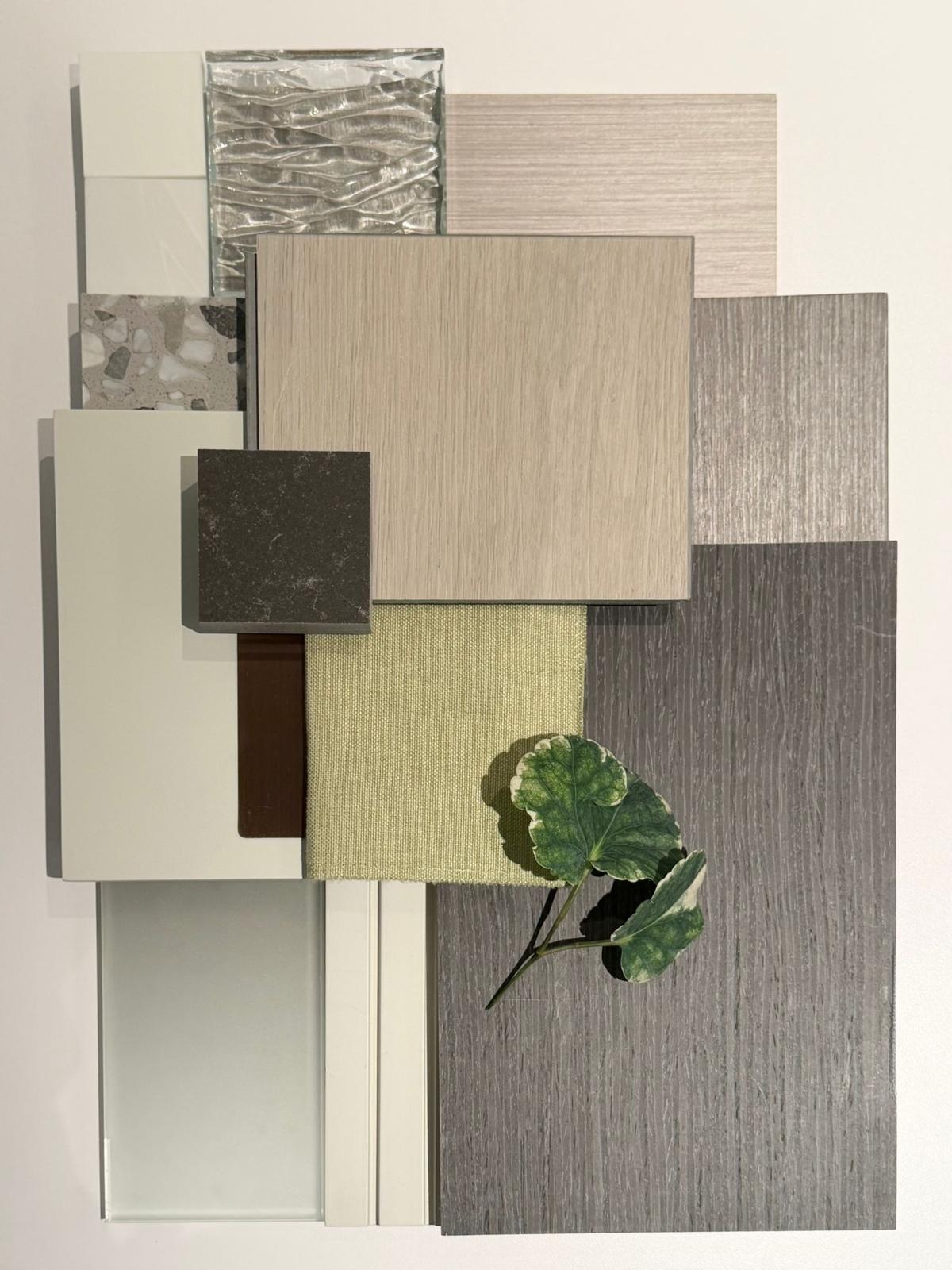 Artwill 物料 moodboard：胡桃木皮、冷灰石材、布料、玻璃、新鮮植物葉